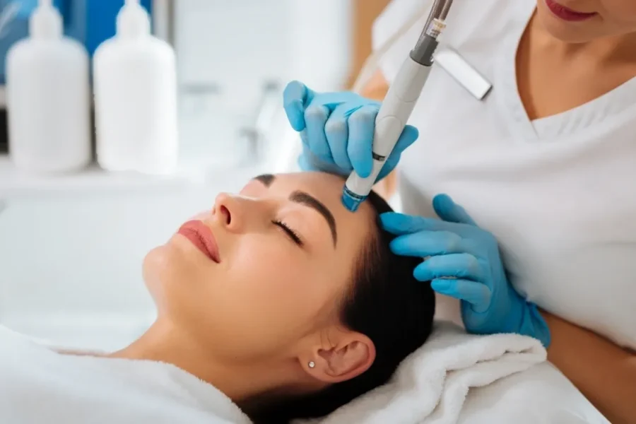 Woman receiving facial treatment at spa.